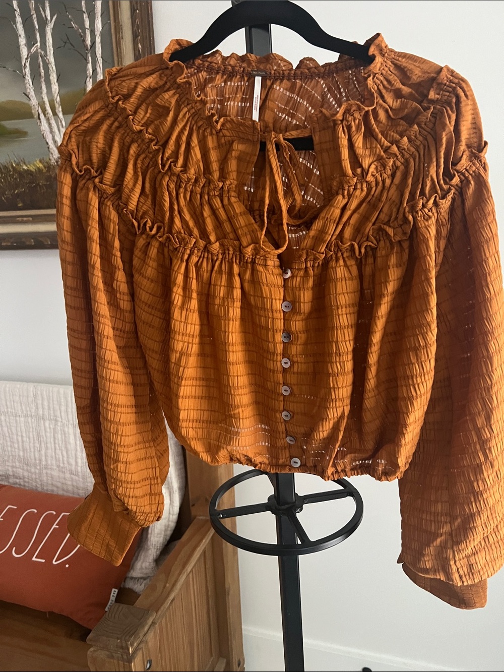 Free People Mustard Rust Smocked peasant blouse